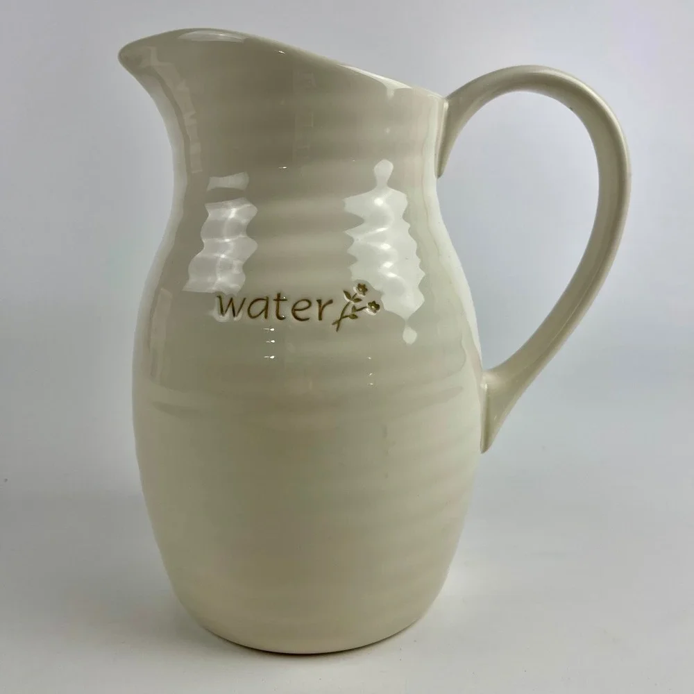 Pottery Barn Garden Salad Water Pitcher Cream Stoneware Ribbed Farmhouse 8.75in